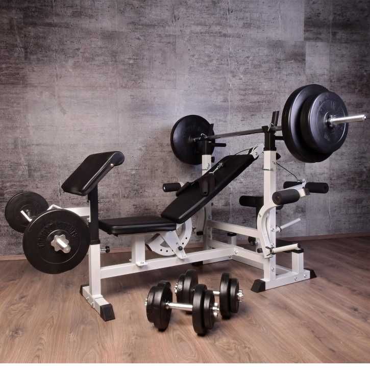 Pachet comlpet fitness Bancă Multifunctională + Set greutați 100kg