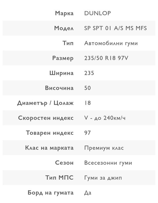 2бр. всесезонни гуми DUNLOP 235/50/r18