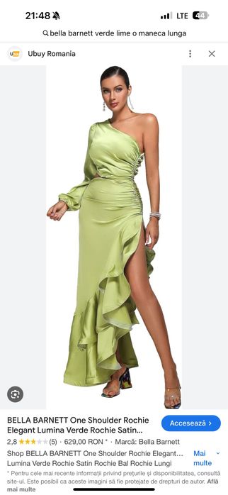 Rochie Bella Barnett verde lime satin, one-shoulder mărimea M  ca noua