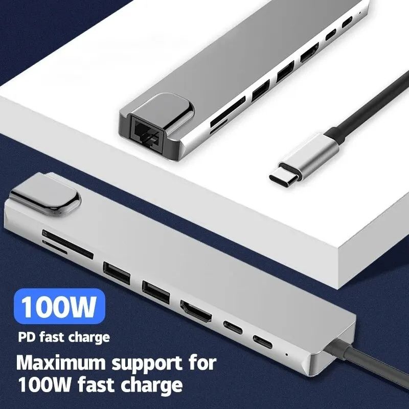 Hub Ethernet 8in1 Adaptor Rețea Usb Hdmi Hub Type C MicroSD USB 3.0