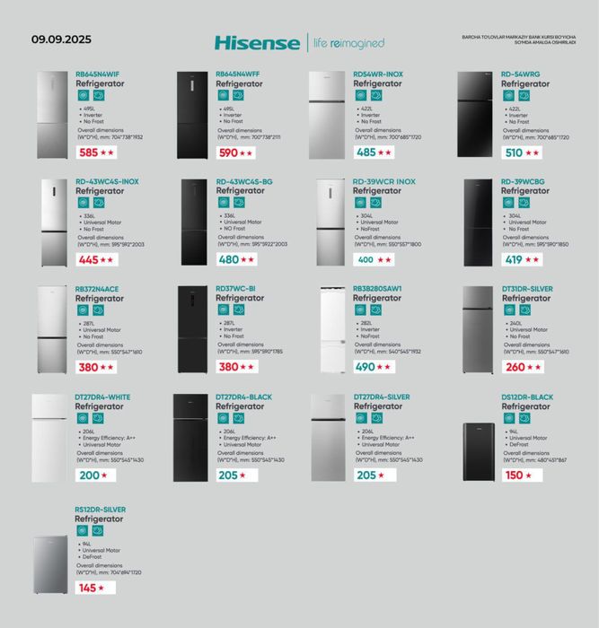 Hisense холодилниклари хамма размерлари бор