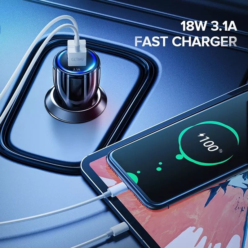 Încărcător Auto Premium 2xUSB Încărcare Rapidă Fast Charge cu LED Blue