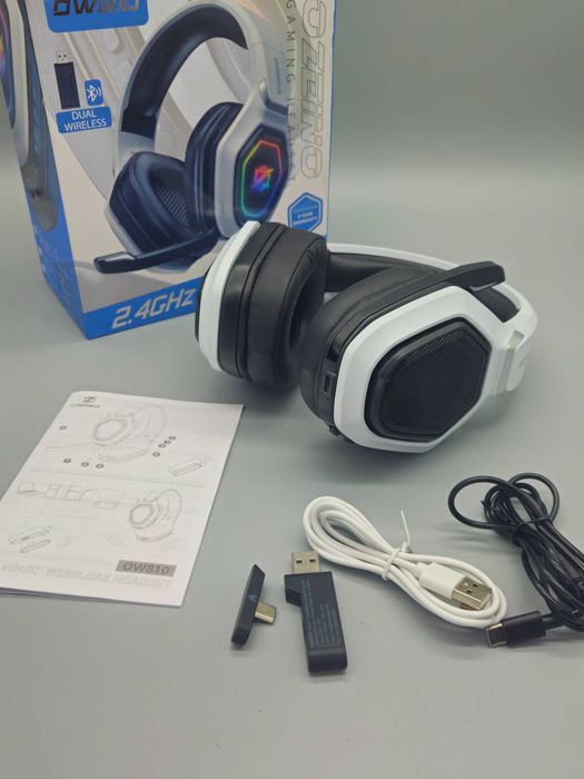 Ozeino безжични геймърски слушалки 2.4GHz + Bluetooth,mic,LED,USB-A/-C
