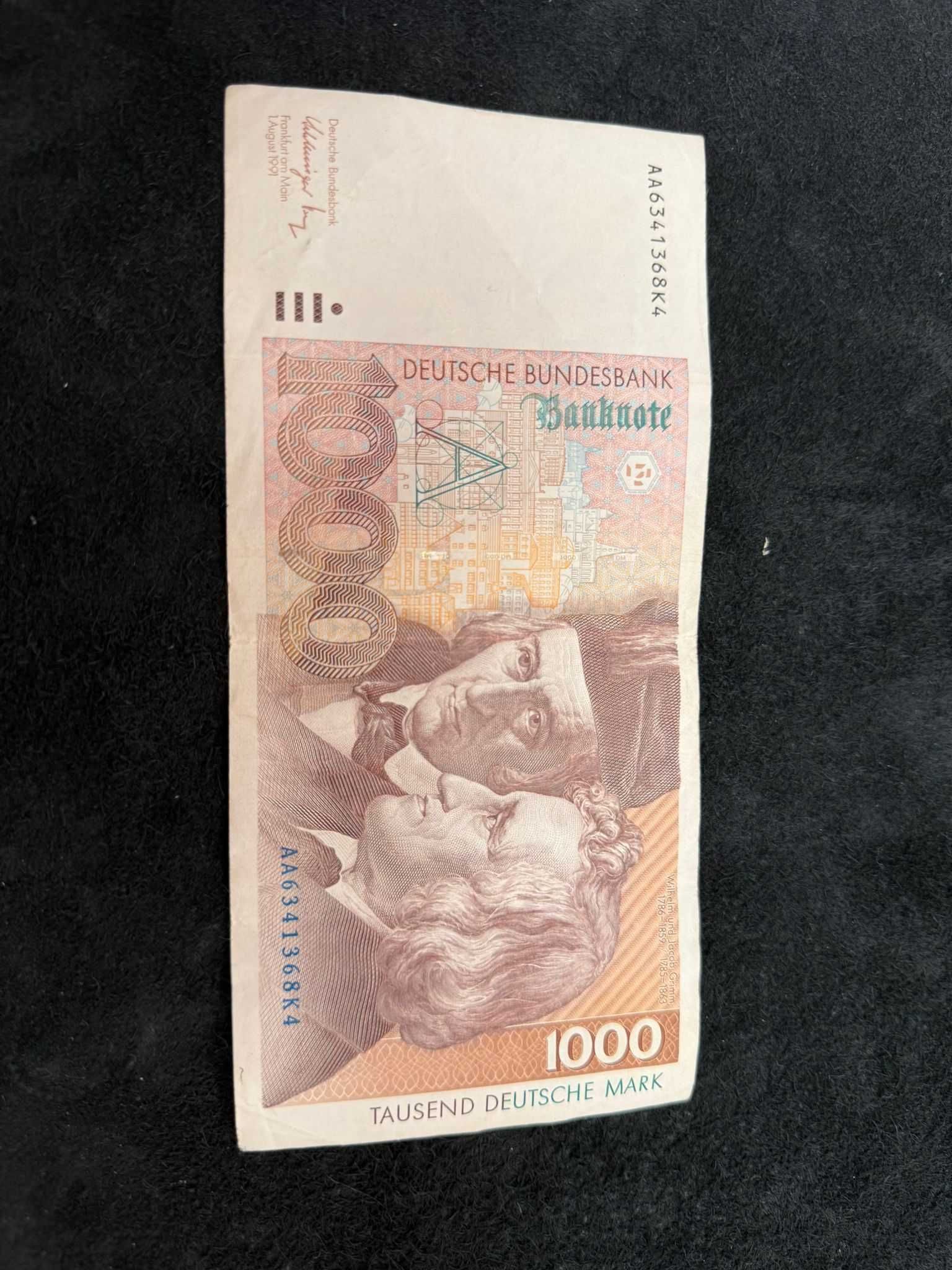 Bancnotă rară 1000 Deutsche Mark – Frații Grimm – stare foarte bună
