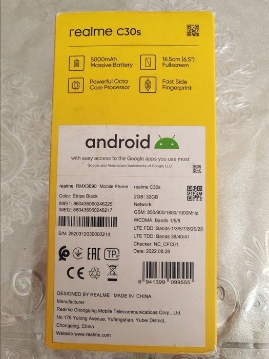 Realme C30s, karobka, dakument, zaryadchik bor
