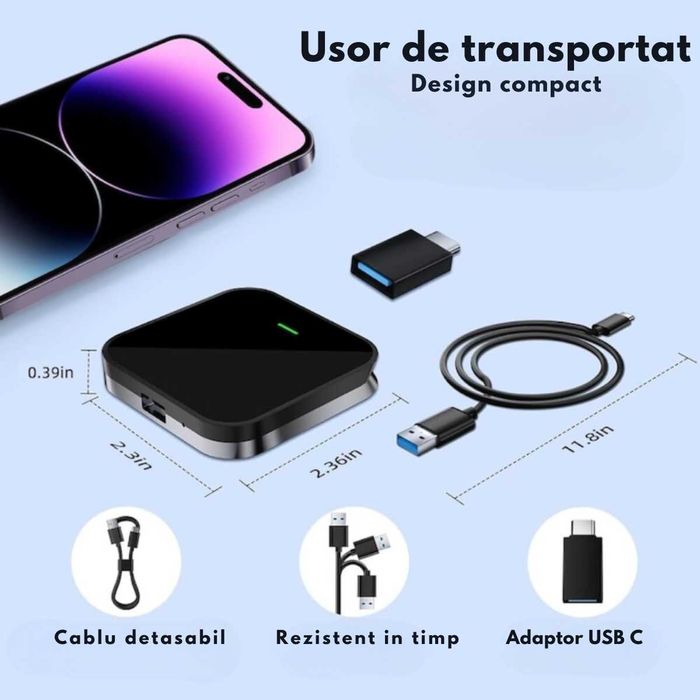 Adaptor Wireless CarPlay & Android Auto 2in1  Compatibilitate prin USB