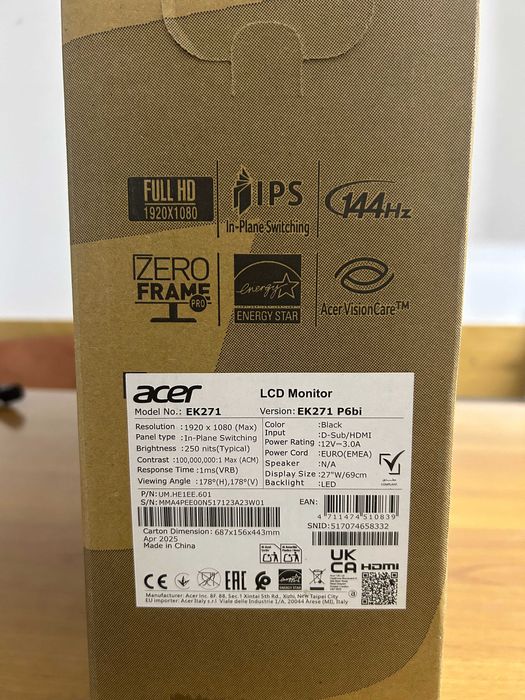 Monitor LED IPS ACER EK271P6, 27", Full HD, 144Hz, AMD FreeSync