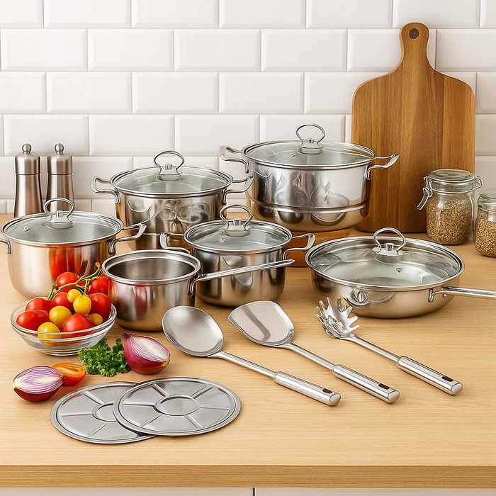 Комплект съдове и прибори за готвене от неръждаема стомана - 18 части