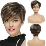 Peruca Z92 Satena Scurta Castanie cu Breton si Suvite blonde