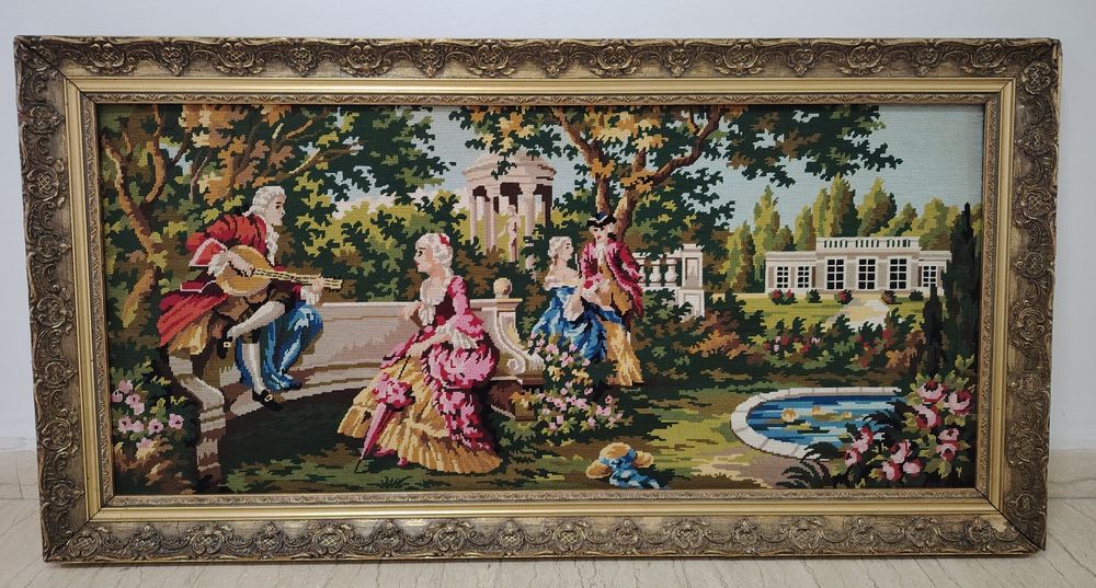 Goblen superb de dimensiuni mari,scena galanta încadrată într-o ra