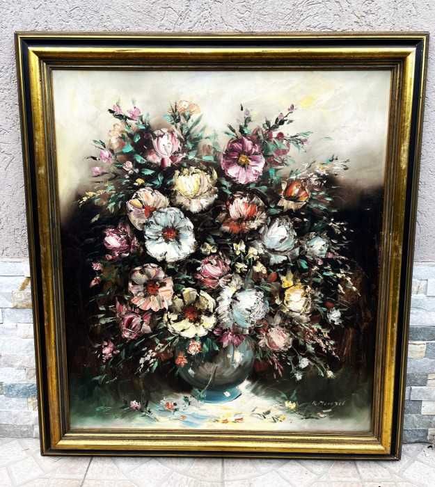 Impozanta pictura manuala-ulei pe panza-Anemone-semnata-Franta