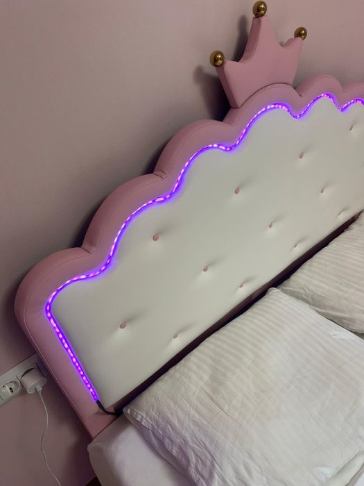 Pat tapițat cu led 90/140x200 cm pat fetițe piele ecologica roz
