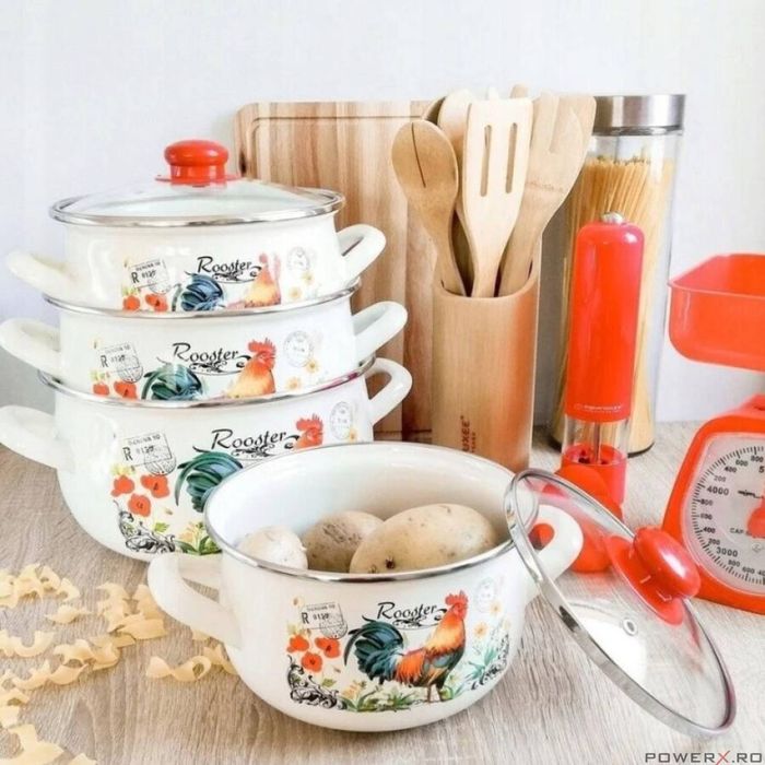 Oala cu capac, din inox emailat lucios, alba, 14l-28cm, Kogucik,