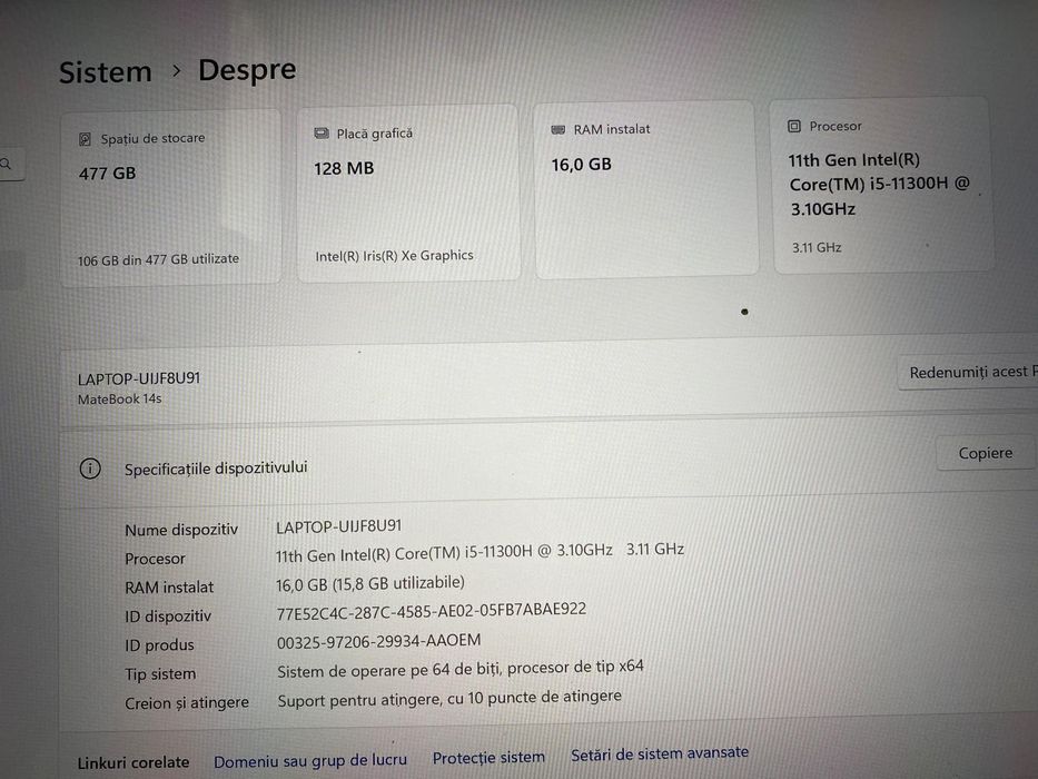 Laptop Huawei Matebook 14s, i5, 10300h, 16 gb RAM