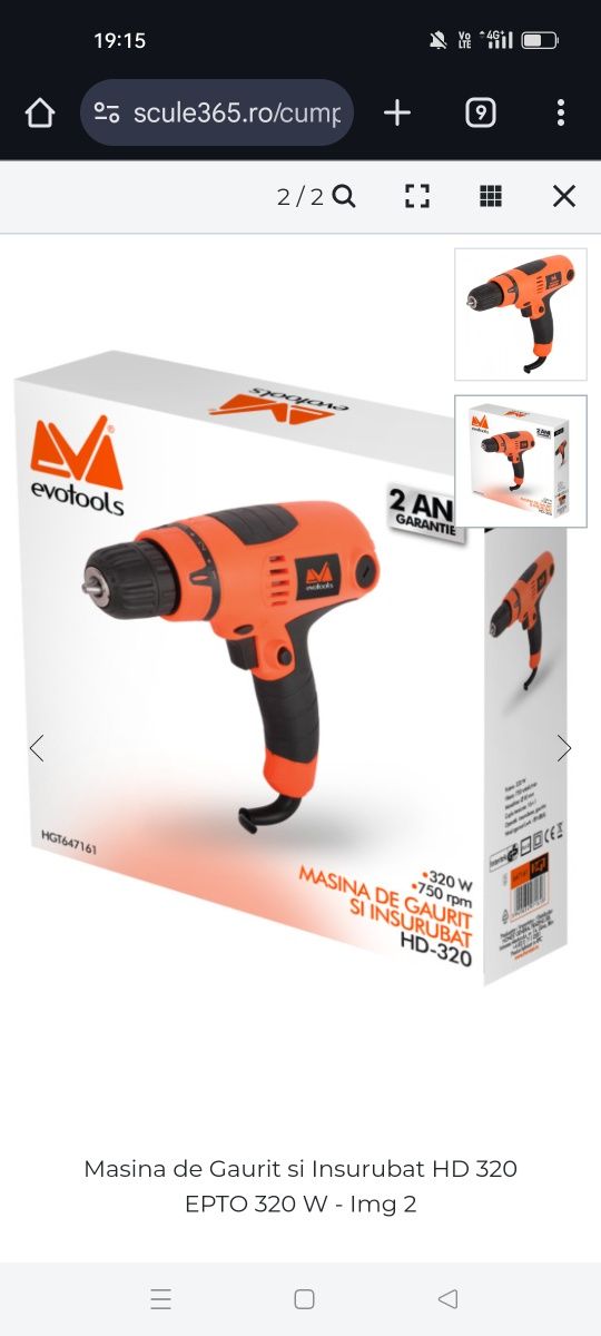 Masina de Gaurit si Insurubat HD-320 EPTO, 320 W, 750 RPM, EvoTools