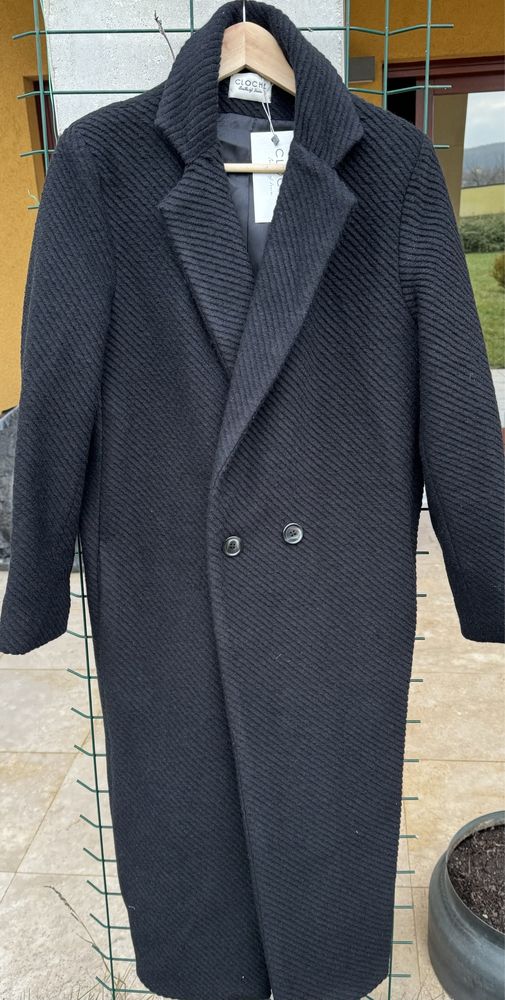 Palton nou negru lana 100% Cloche