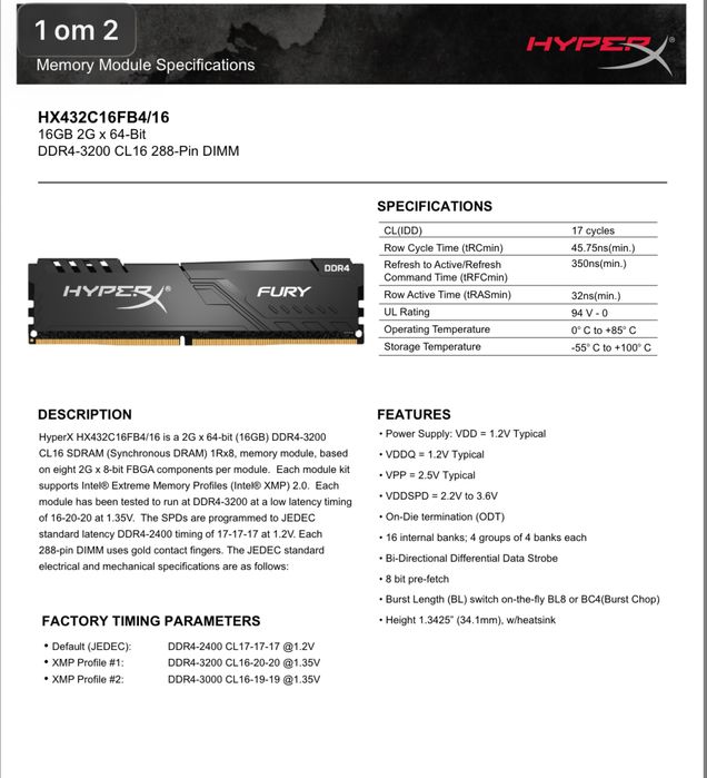 Kingston Fury HyperX 16GB 3200MHz DDR4 Ram Памет