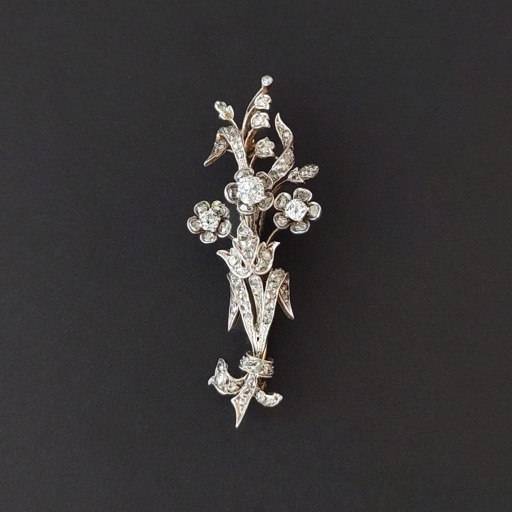Brosa antique cca 1900, aur, argint, 1.53ct diamante