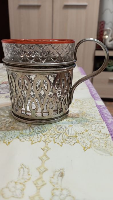 Старинный подстаканник Варшава, широкий, не стандартный со стаканом