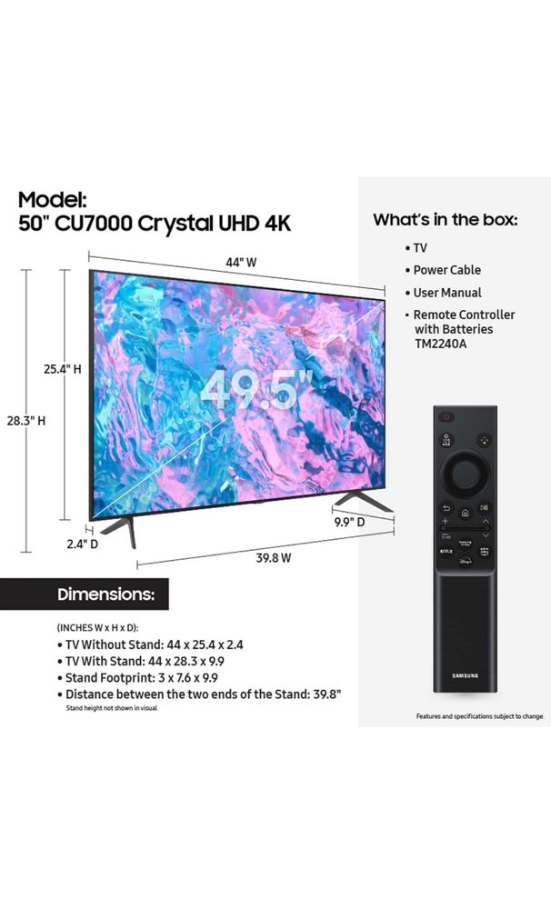 Televizor Samsung Crystal UHD CU7000, 50 inchi, 126 cm, Nou