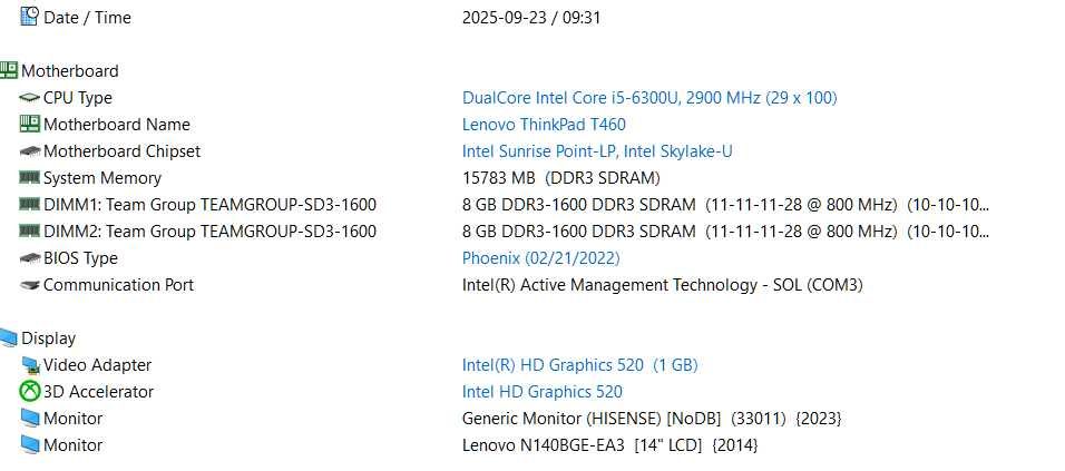 Лаптоп Lenovo ThinkPad T460 /i5-6300U/16GB DDR4/SSD 128 GB, Windows 11