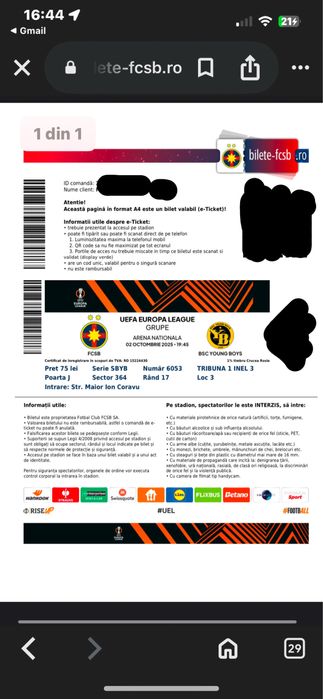 vand doua bilete FCSB-Young Boys tribuna 1 inel 3