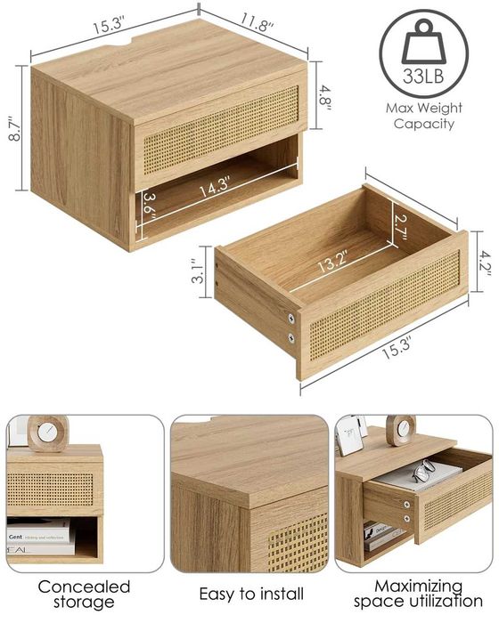 Noptieră Suspendată HEYZOEY Design Modern cu Sertar și Spațiu Deschis