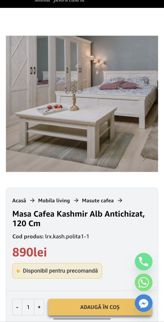 Vând masa Cafea Kashmir Alb Antichizat, 120 Cm