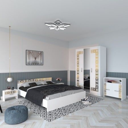Dormitor Gold Alb Dulap Cu Oglinda si Pat cu 2 Noptiere