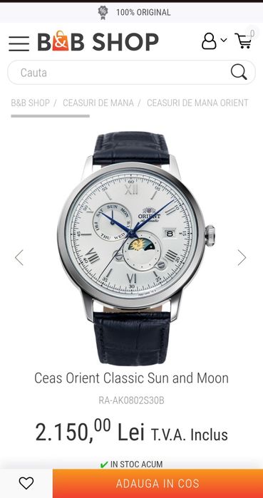 Ceas ORIENT Classic Sun and Moon RA-AK0802S30B; ORIGINAL,acte,sigilat.