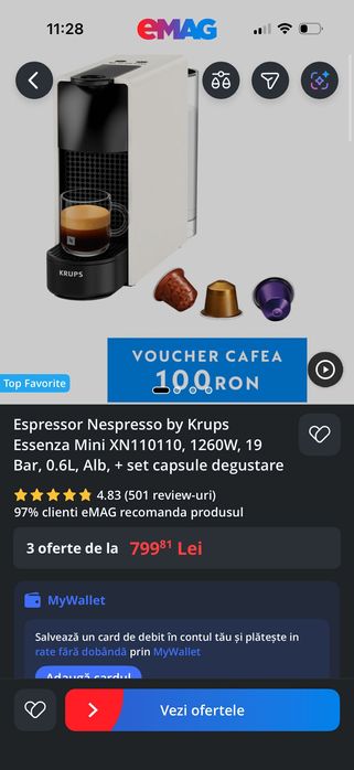 Espressor Nespresso by Krups Essenza Mini XN110110, 1260W, 0.6L, Alb