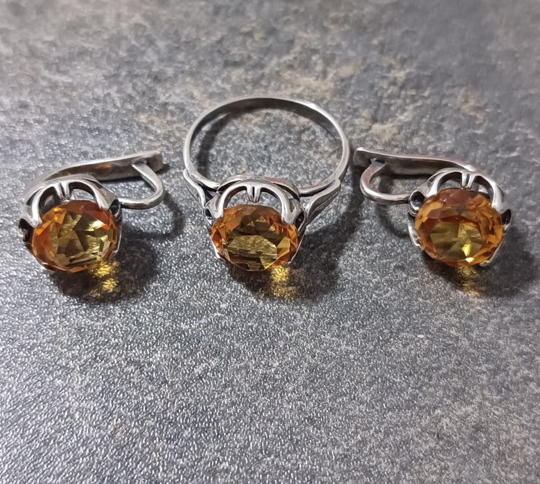 Серебряный  женский комплект с цетрином 925 проба Европа 80е годы