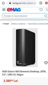 HDD Extern WD Elements Desktop, 20TB, 3.5", USB 3.0, Negru