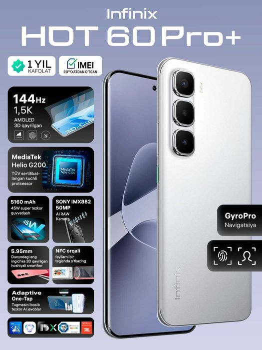 YENGI ! Infinix Hot 60 Pro Plus (8+8/256Gb) | Dostavka !
213 у.е.