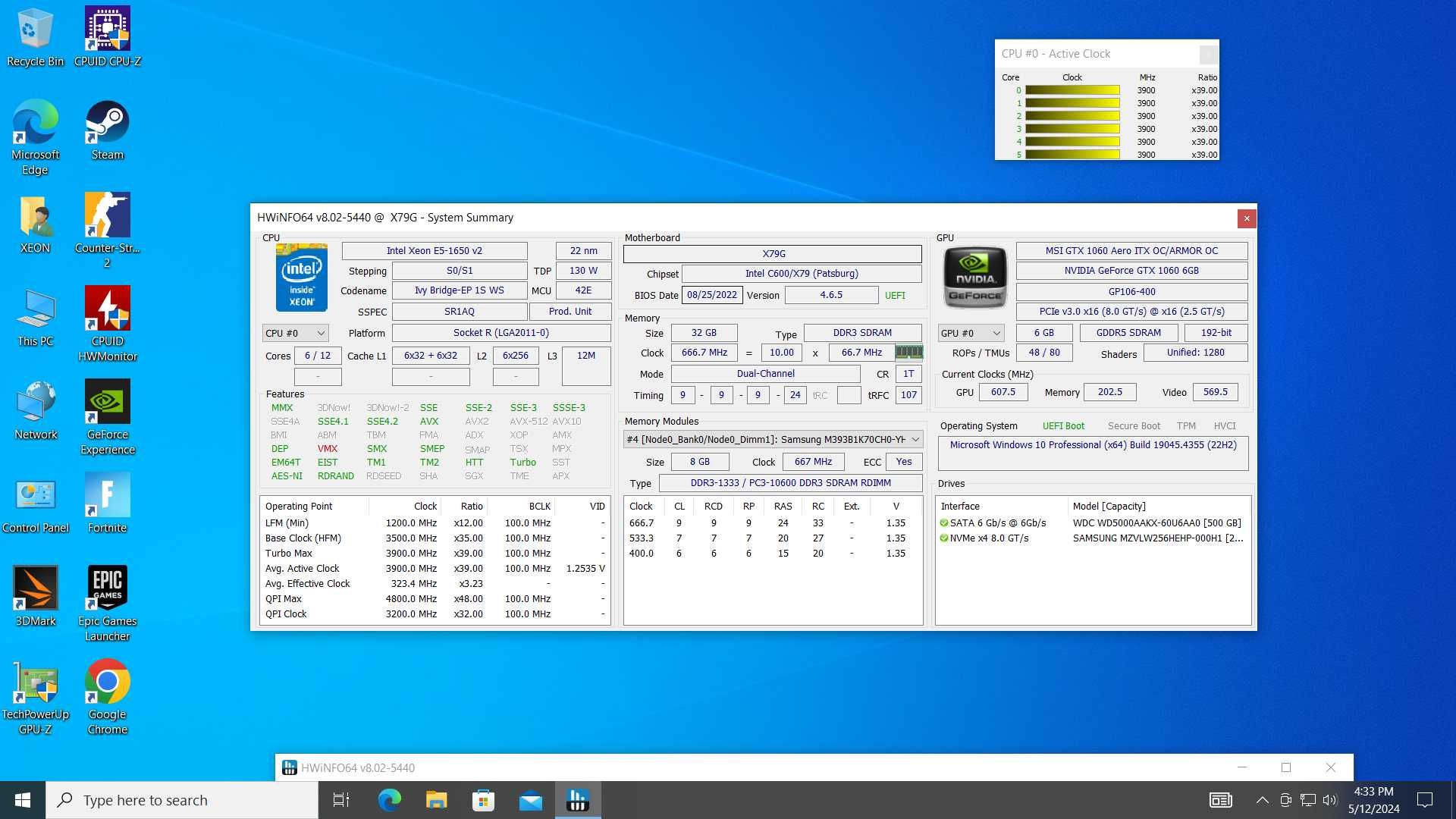 Intel Xeon E5-1650 V2, OEM X79, GTX1060 6GB, 32GB, SSD240GB, HDD500GB