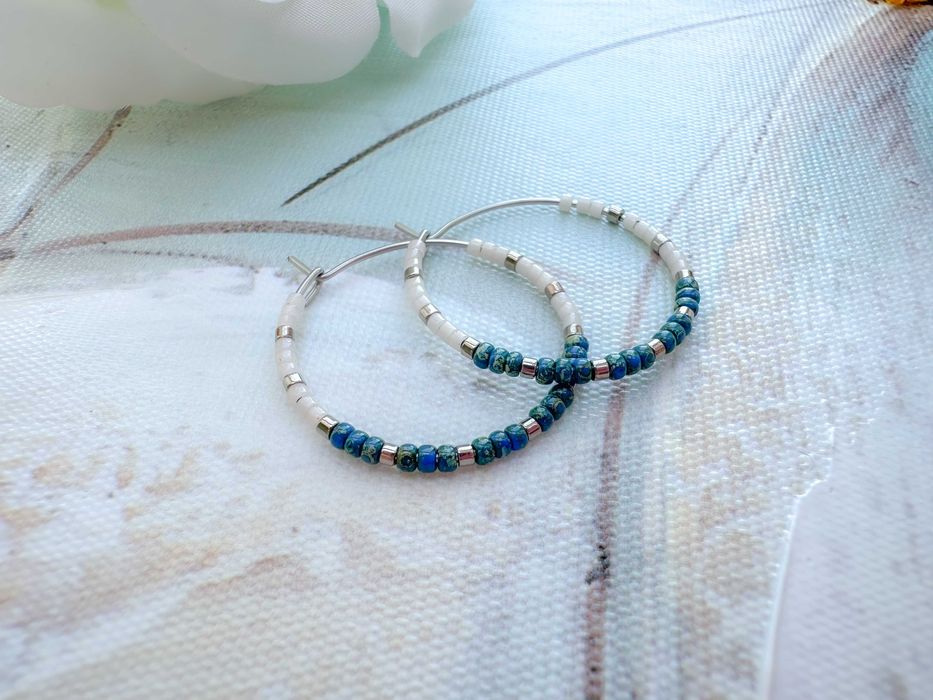 Ръчно изработени обеци халки - Неръждаема стомана и Японски мъниста