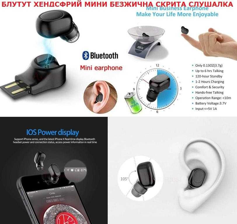 Безжична Скрита Слушалка On-Ear Микрофон Смартфон Bluetooth Хендсфрий