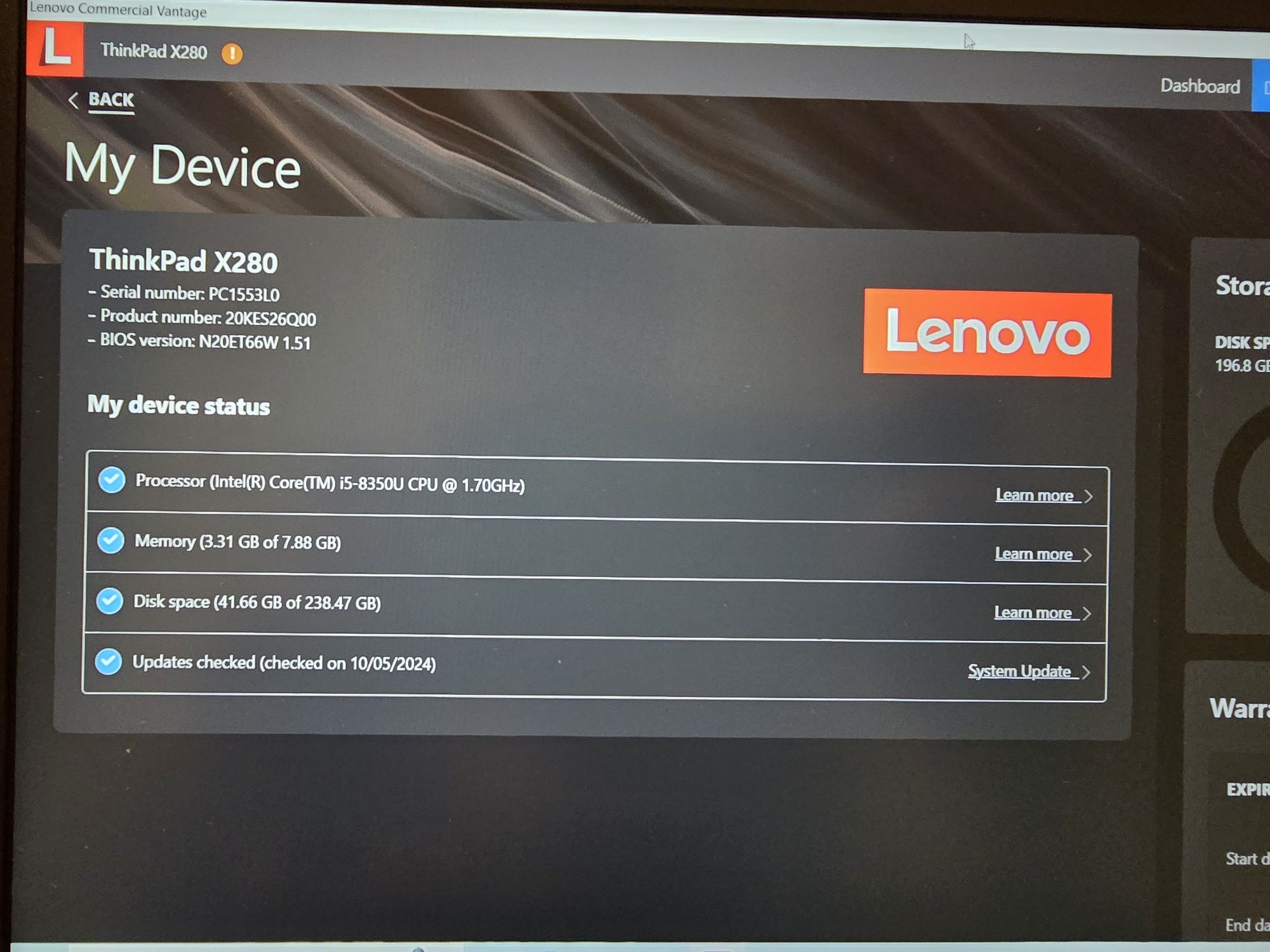 Lenovo X280 FHD / i5 8350U / 8GB Ram / 256GB SSD