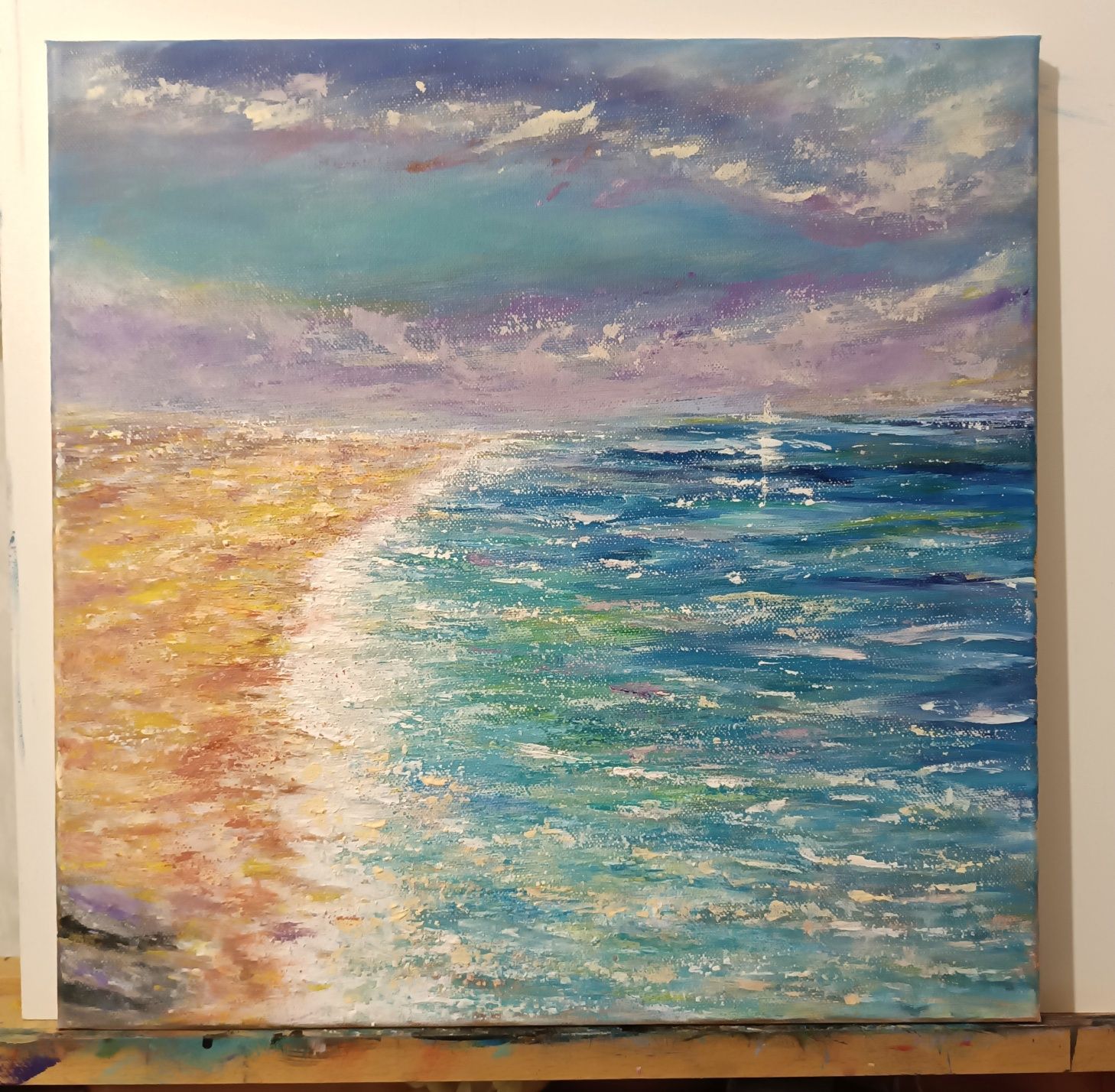 Tablou pictat in acrilic pe canvas, " Shore Line", 40/40 cm