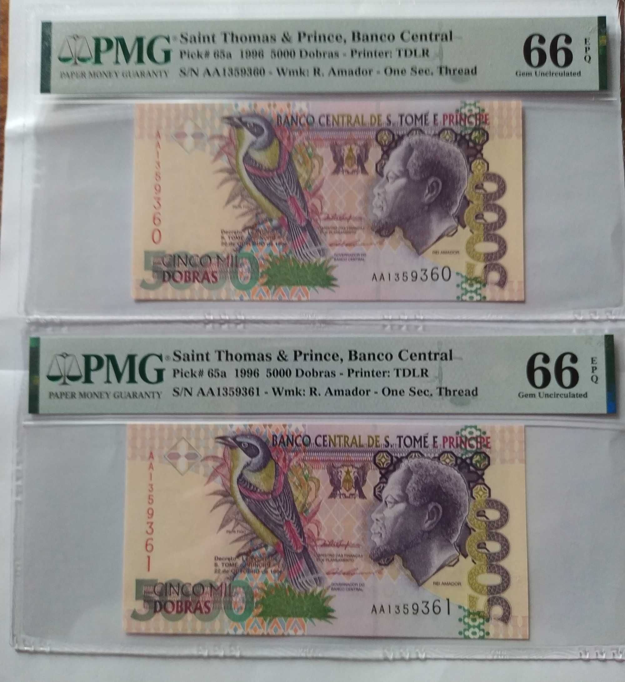 PMG 66 - 2 банкноти с поредни номера Сао Томе и Принсипи - 5000 добрас