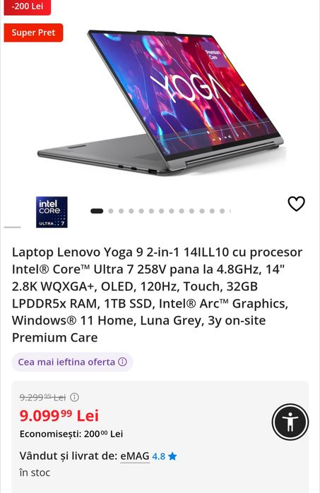 Laptop 2025 Lenovo Yoga 9i 2in-1 14" 2.8K Ultra 7, 32GB RAM, 1TB