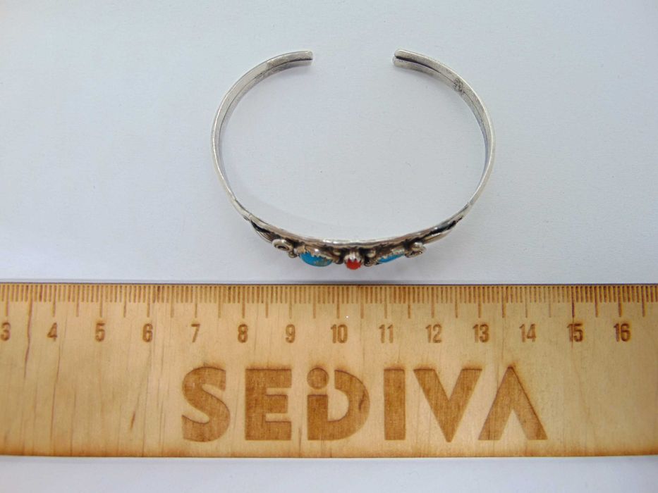 Bratara navajo din argint cu turcoaz si coral