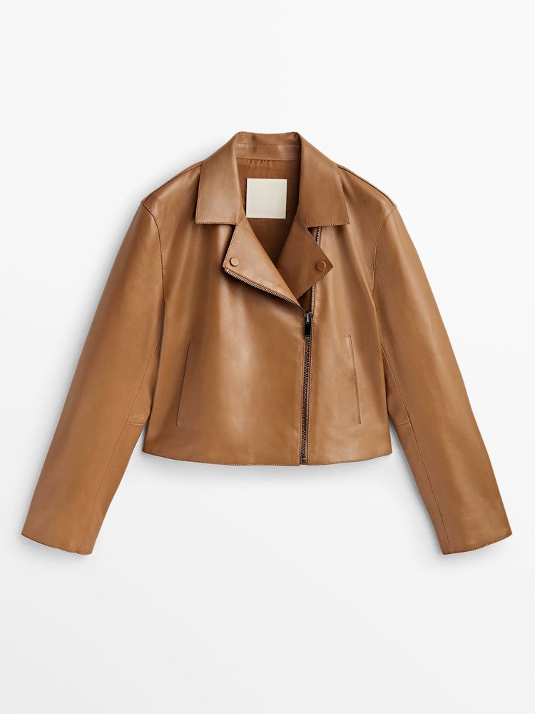 Jacheta dama geaca biker piele naturala maro Massimo Dutti