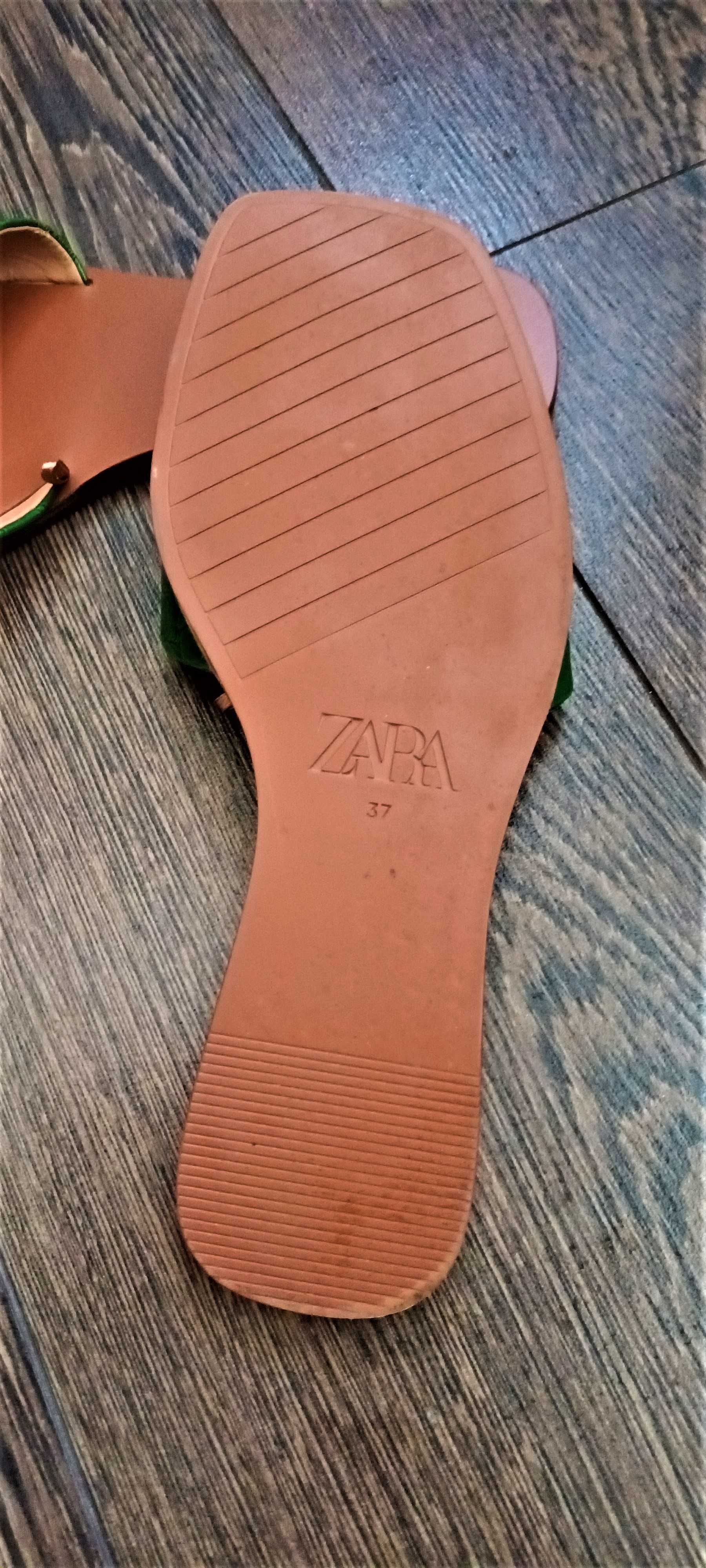 ZARA Sandale Flip Flop, papuci piele, maro cu verde