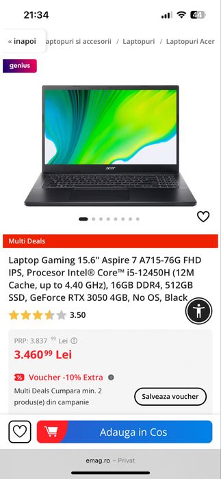 Laptop Gaming Acer Aspire 7 i5-12450H GeForce RTX 3050 4G