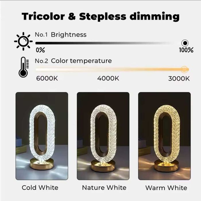 Lampa de masa Crystal LED reglabila 3000K-6500K, baterie incorporata