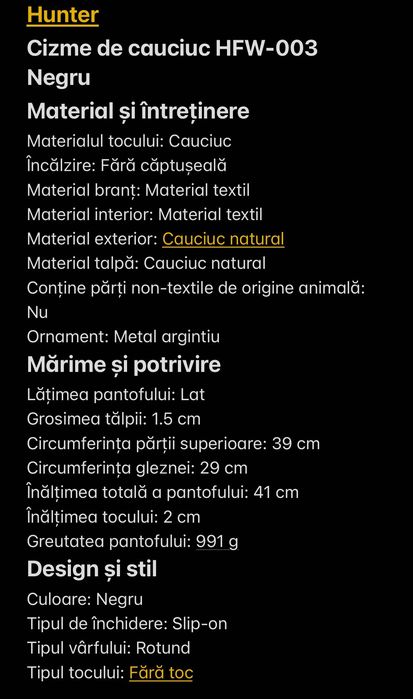 Hunter
Cizme de cauciuc Negru, marimea 39, pret 250 lei, noi, in cutie