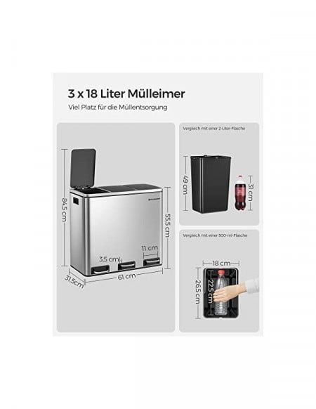 Coș de gunoi pentru reciclare cu compartimente, Songmics, 3x18L