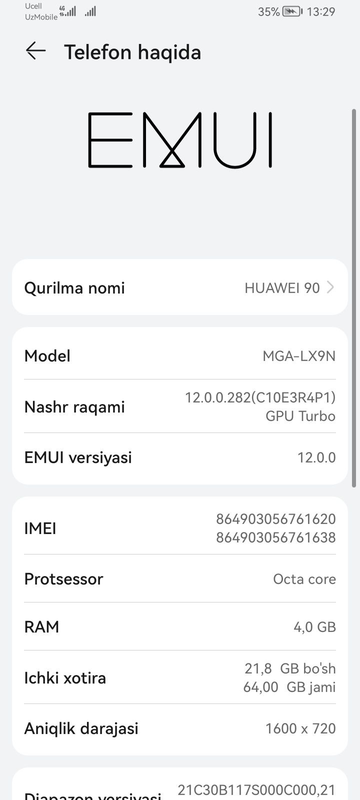 Huawei Nova y70 4.64 holati yaxshi