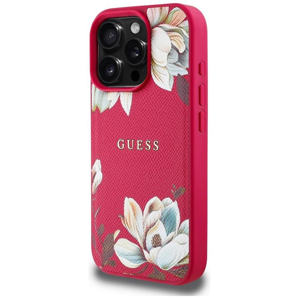 Guess grained flowers magsafe калъф за iphone 16 pro – fuchsia
